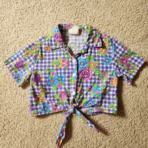 Vintage Girls Size 5 Purple Gingham And Floral Top